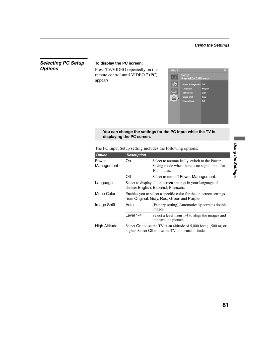 Sony KDF-E42A10, KDF-E50A10 operating instructions Selecting PC Setup, PC Input Setup setting includes the following options 