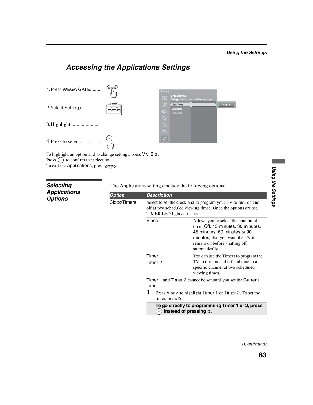 Sony KDF-E42A10, KDF-E50A10 operating instructions Accessing the Applications Settings, Selecting Applications Options 