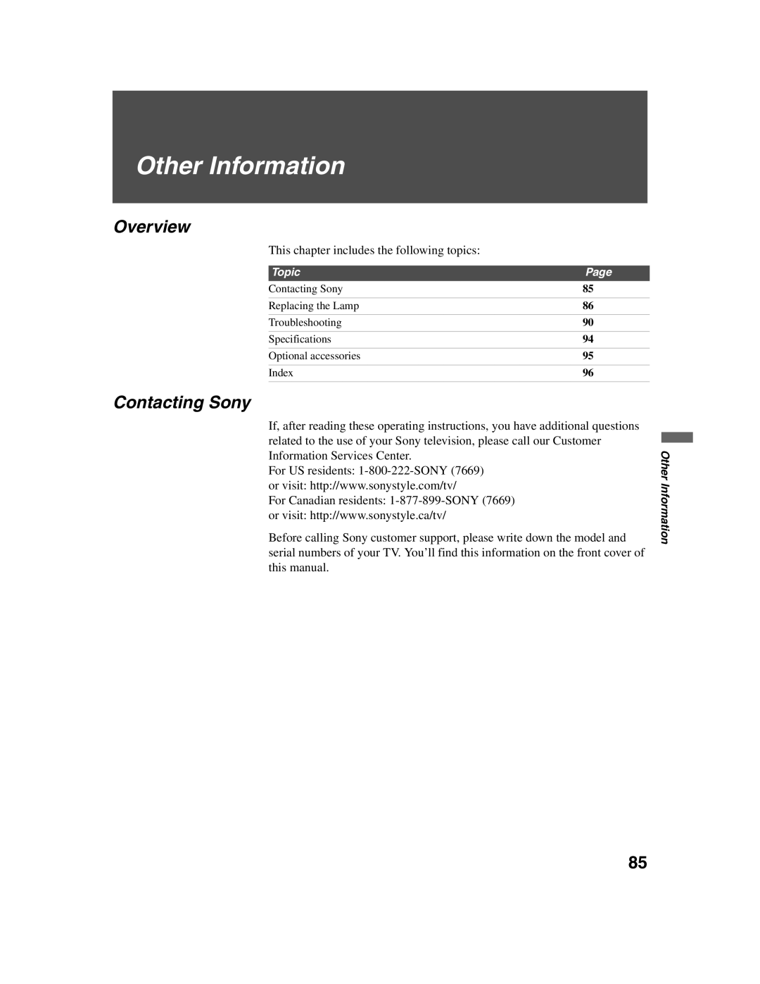 Sony KDF-E42A10, KDF-E50A10 operating instructions Contacting Sony, This chapter includes the following topics 