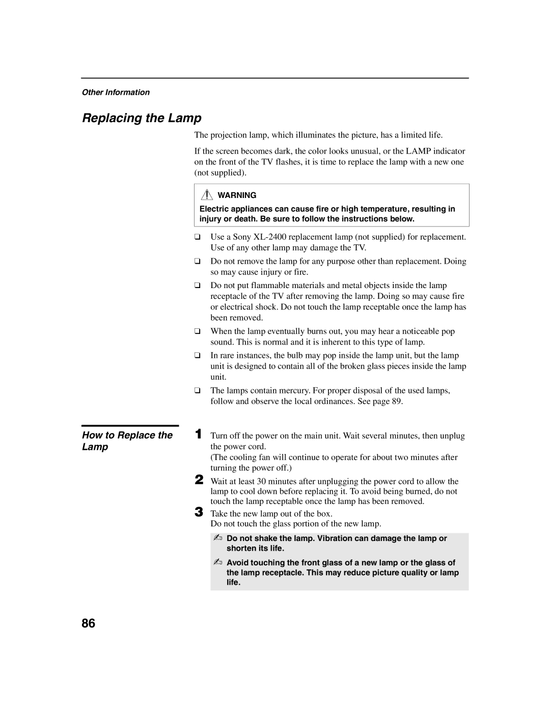 Sony KDF-E50A10, KDF-E42A10 operating instructions Replacing the Lamp, How to Replace the Lamp 