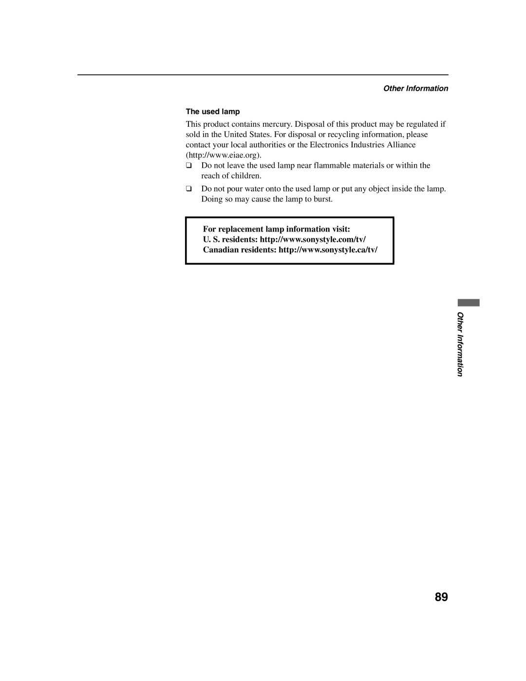 Sony KDF-E42A10, KDF-E50A10 operating instructions Used lamp 