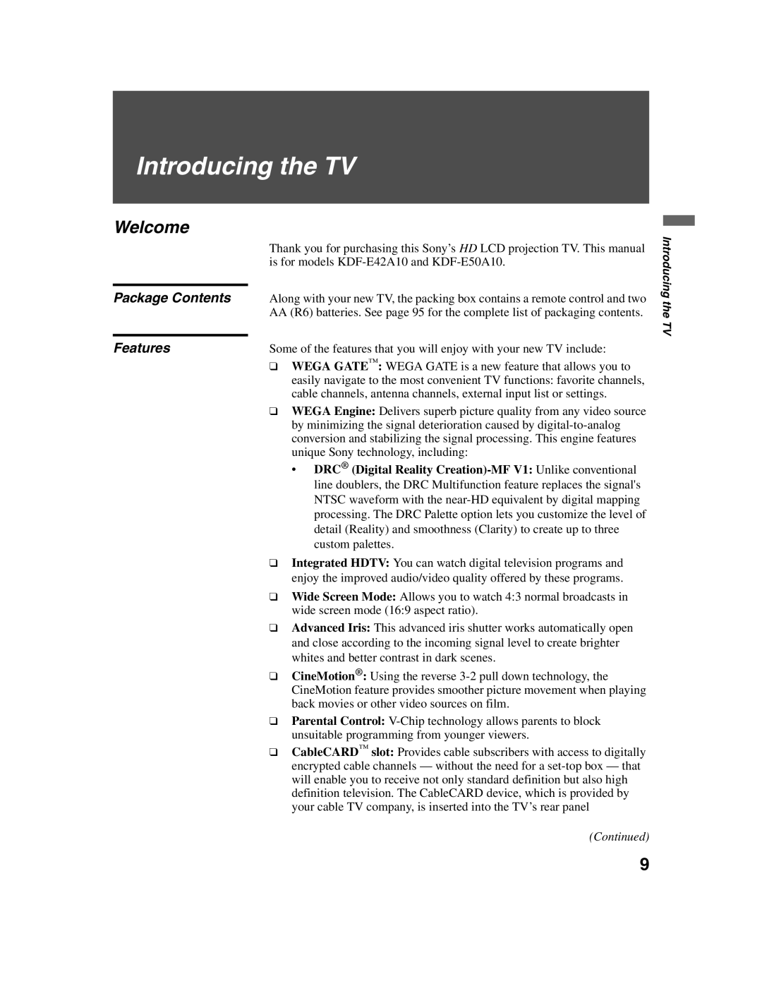 Sony KDF-E42A10, KDF-E50A10 operating instructions Welcome, Package Contents, Features 