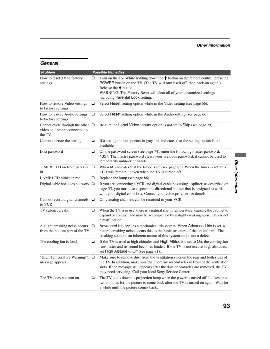 Sony KDF-E42A10, KDF-E50A10 operating instructions General 