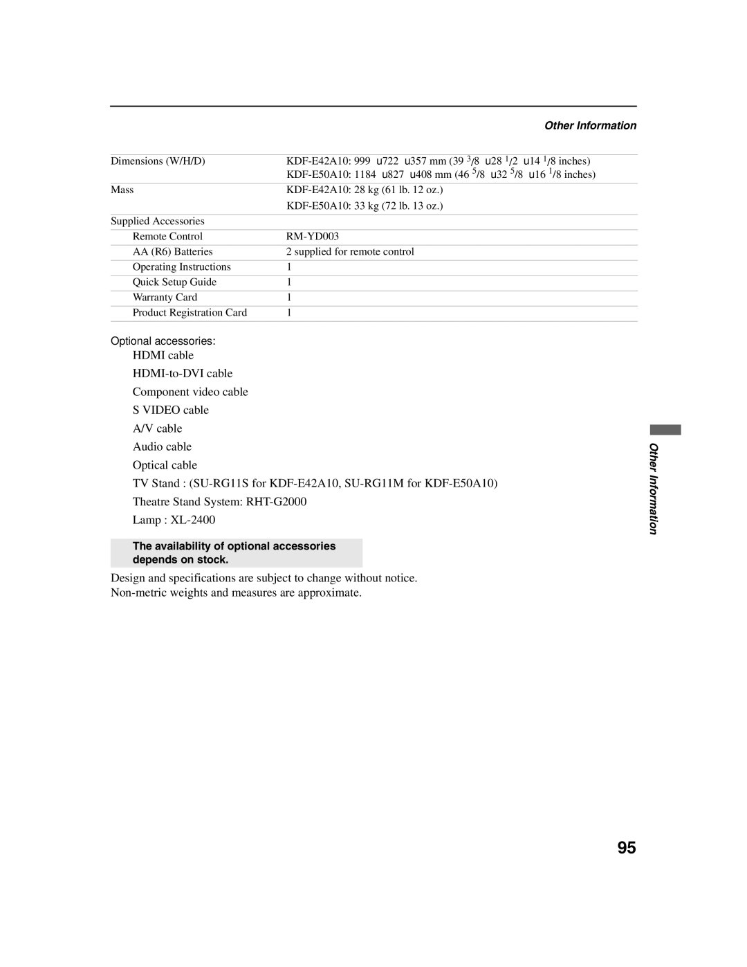 Sony KDF-E42A10, KDF-E50A10 operating instructions Availability of optional accessories depends on stock 