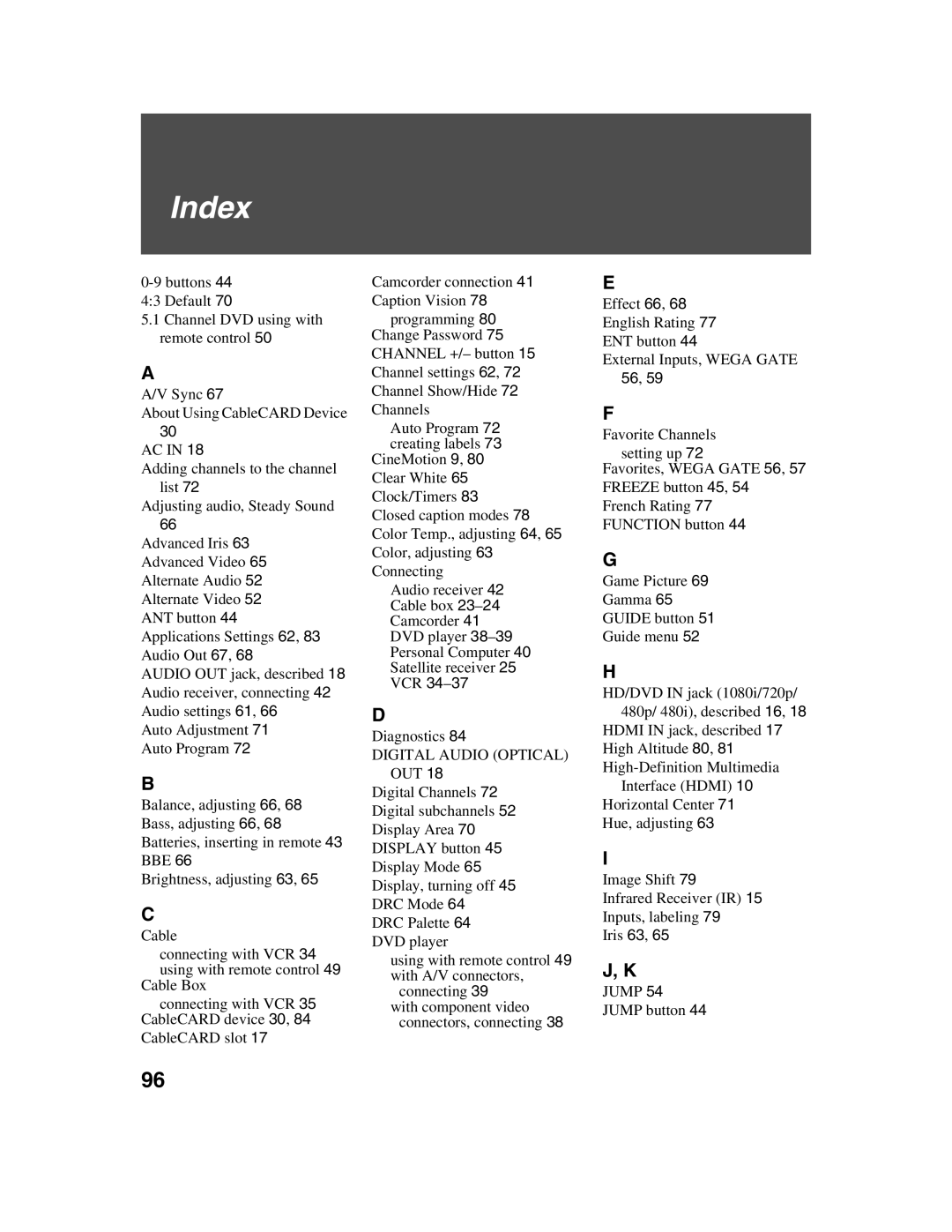 Sony KDF-E50A10, KDF-E42A10 operating instructions Index, Jump button 