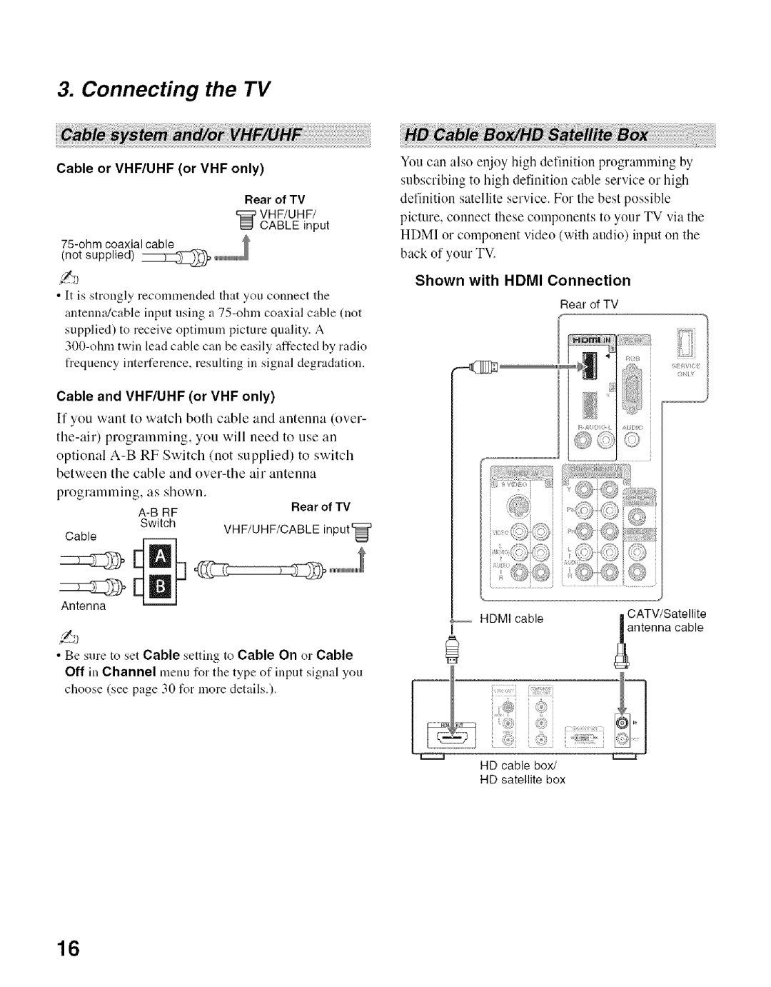 Sony KDL- 32ML 13fi manual Connecting the TV, Cable or VHF/UHF or VHF only Rear of TV, Cable and VHF/UHF or VHF only 