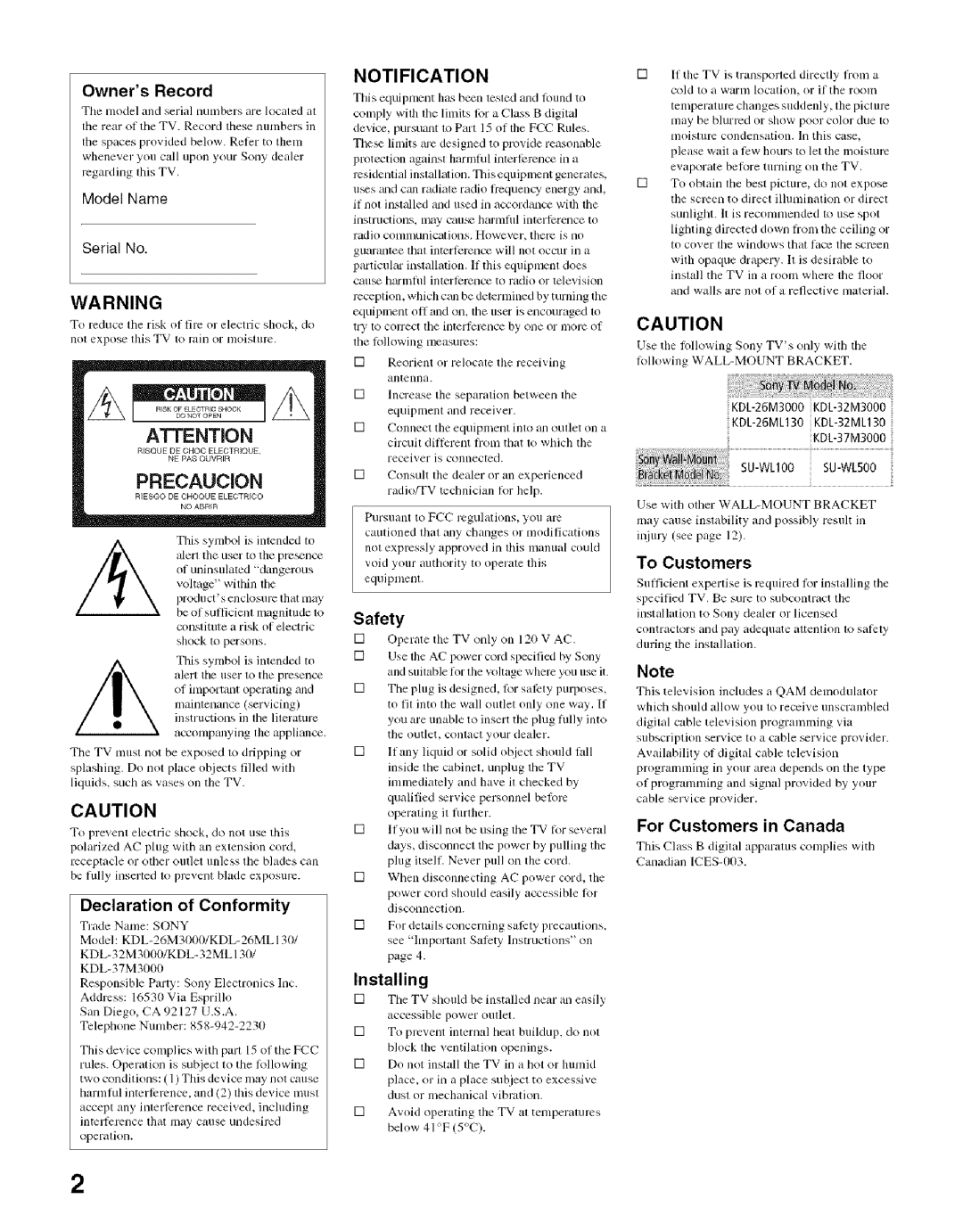 Sony KDL- 32ML 13fi manual Notification 