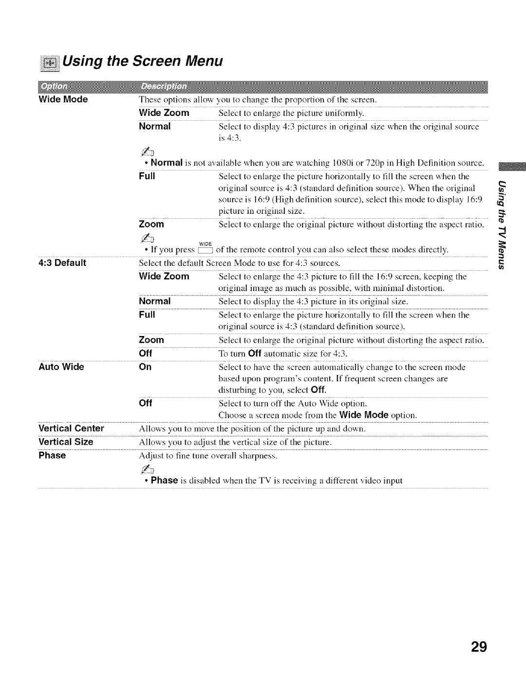 Sony KDL- 32ML 13fi manual Using Screen Menu, Wide Zoom, Wide Mode 