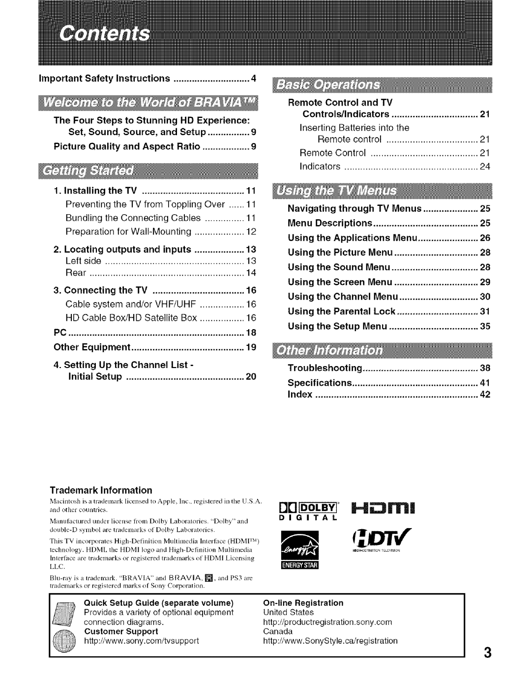 Sony KDL- 32ML 13fi Other, Setting Up the Channel List Initial, Trademark Information, Using Parental, Using the Setup 