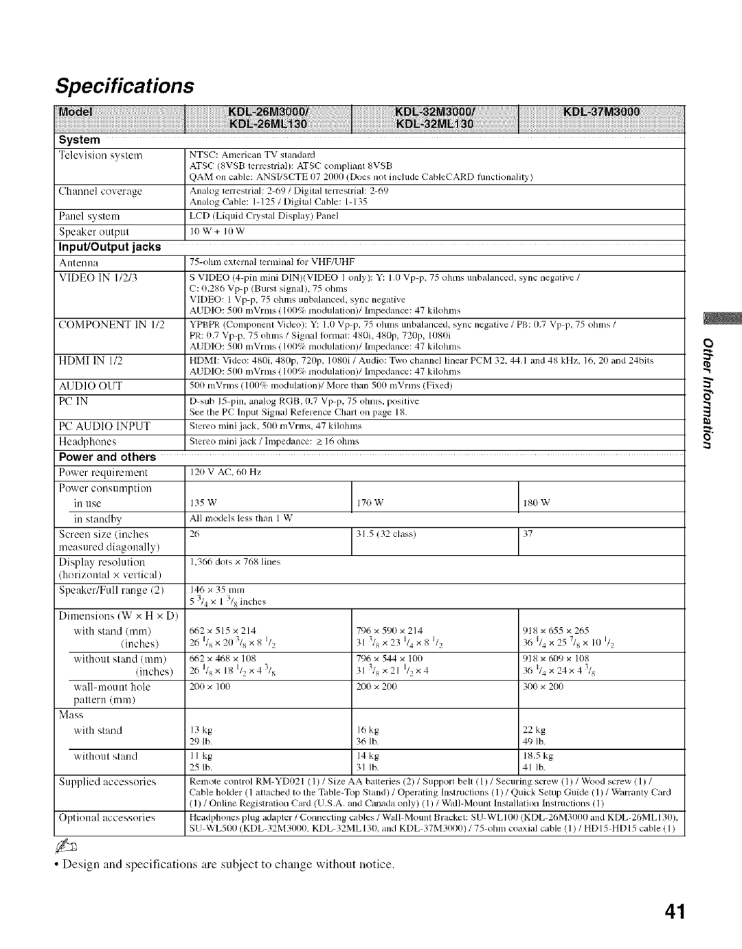 Sony KDL- 32ML 13fi manual Specifications, System, Input/Output Jacks, Power and others 