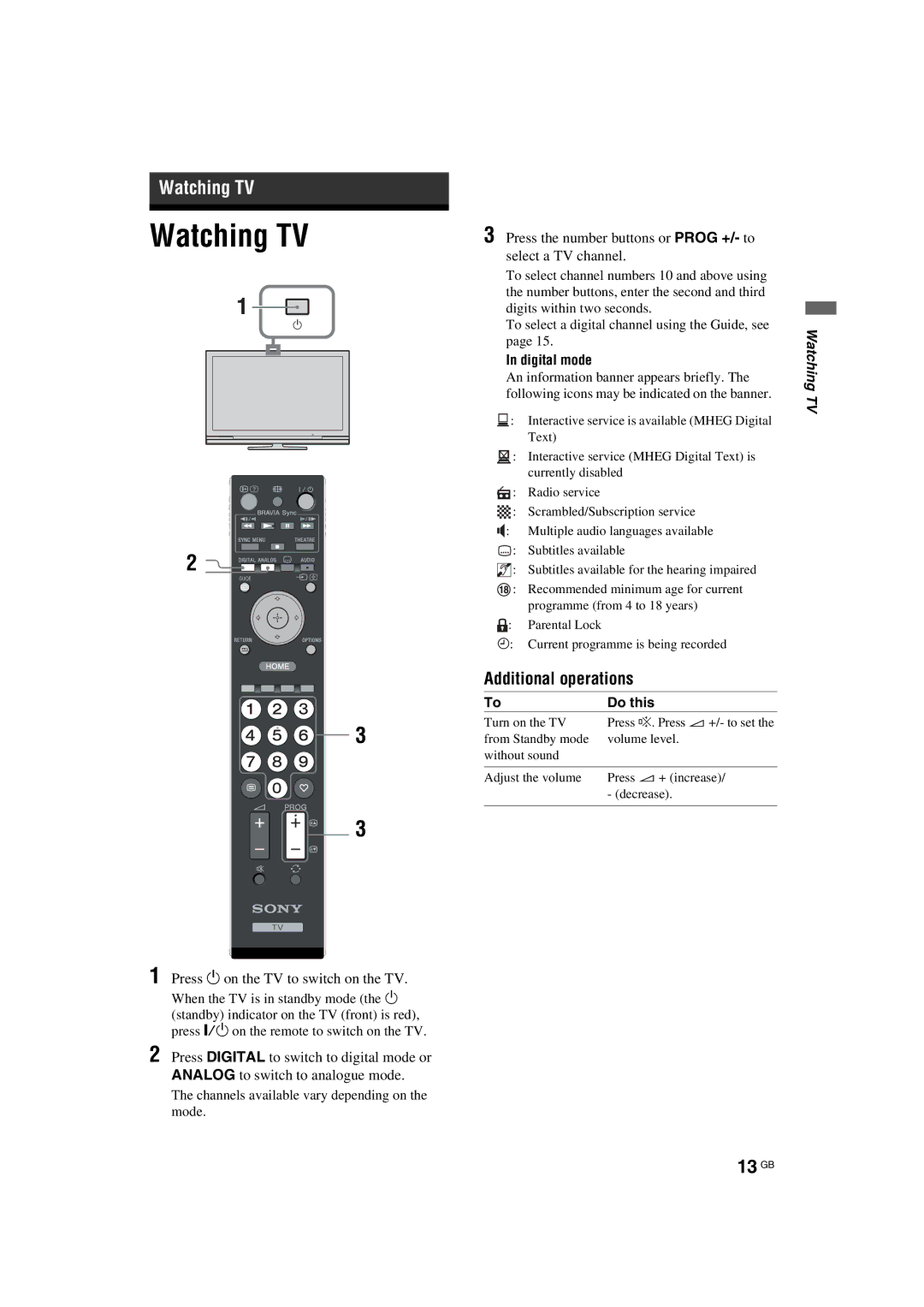 Sony KDL-32E40xx, KDL-32W40xx, KDL-32V47xx Watching TV, 13 GB, Additional operations, Press 1 on the TV to switch on the TV 