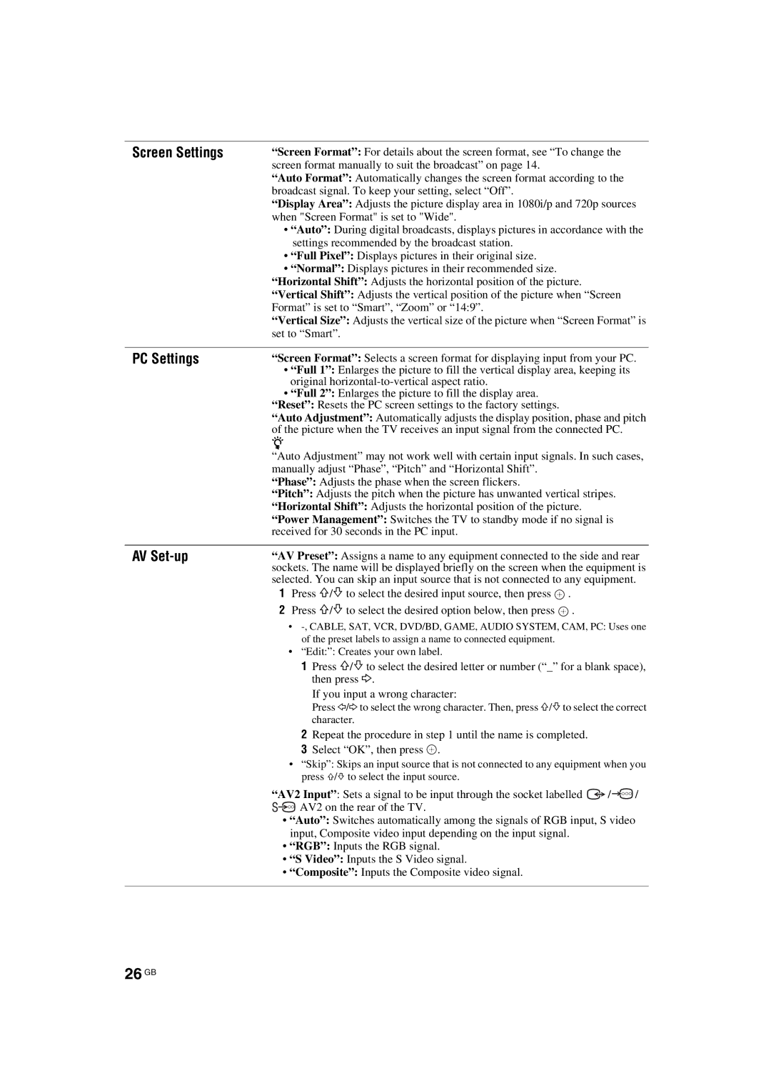 Sony KDL-32E40xx, KDL-32W40xx, KDL-32V47xx, KDL-32V45xx, KDL-40E40xx manual 26 GB, Screen Settings, PC Settings, AV Set-up 