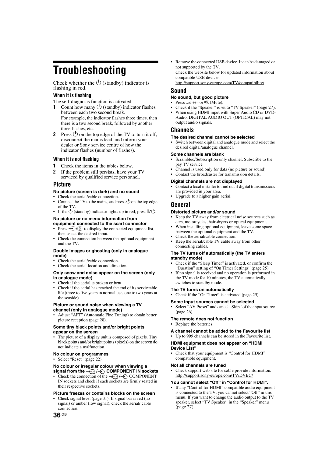 Sony KDL-52W42xx, KDL-32E40xx, KDL-32W40xx, KDL-32V47xx, KDL-32V45xx, KDL-40E40xx, KDL-40W40xx manual Troubleshooting, 36 GB 