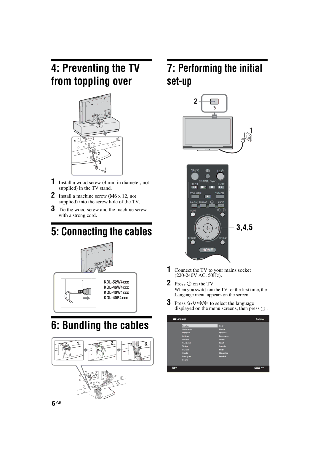 Sony KDL-40W42xx, KDL-32E40xx, KDL-32W40xx, KDL-32V47xx Preventing the TV, From toppling over Set-up, Connecting the cables 