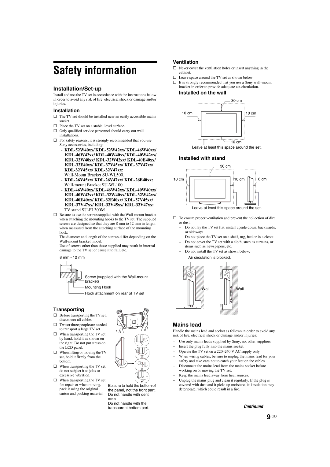 Sony KDL-52W40xx, KDL-32E40xx, KDL-32W40xx, KDL-32V47xx, KDL-32V45xx, KDL-40E40xx, KDL-40W40xx, KDL-40W42xx Safety information 