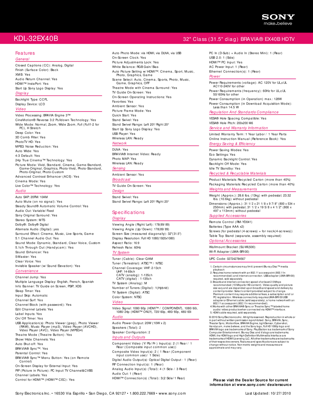 Sony KDL-32EX40B manual Features, Specifications 