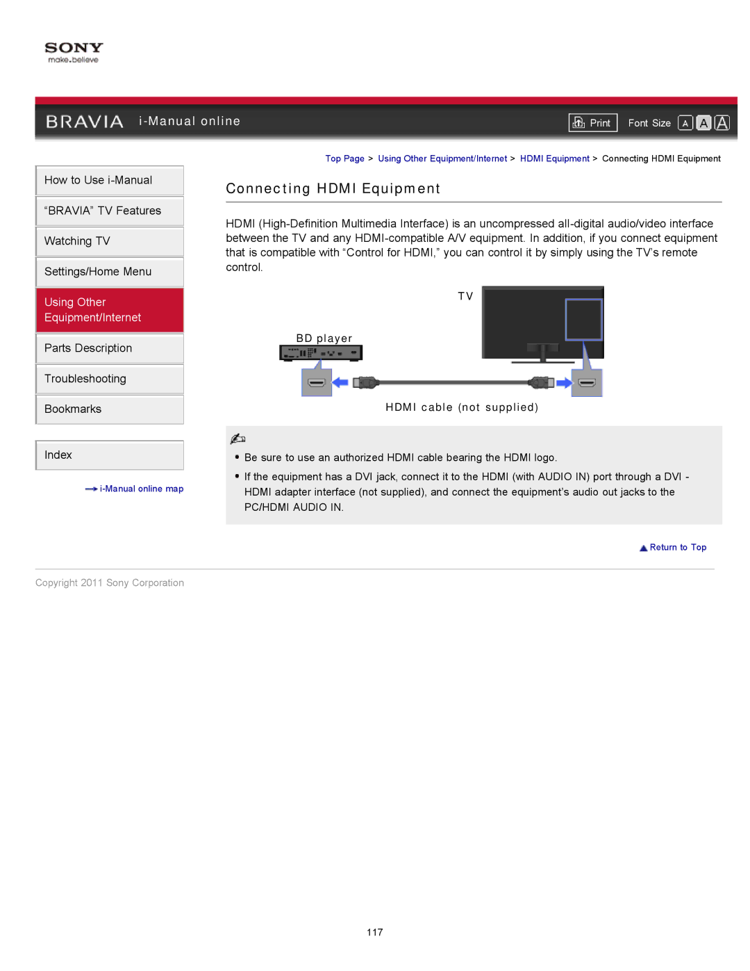 Sony KDL-40EX525, KDL-32EX425, KDL-46EX525, KDL-32EX525 manual Connecting Hdmi Equipment, BD player 