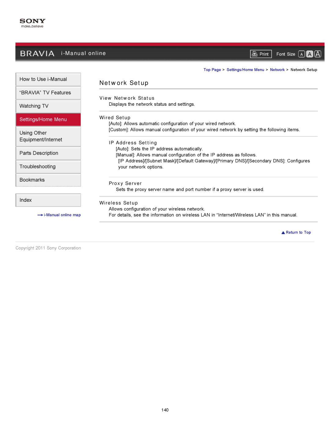 Sony KDL-32EX425, KDL-40EX525, KDL-46EX525, KDL-32EX525 manual Network Setup 