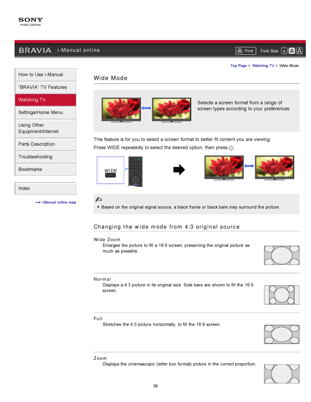 Sony KDL-46EX525, KDL-32EX425, KDL-40EX525, KDL-32EX525 manual Wide Mode, Changing the wide mode from 43 original source 