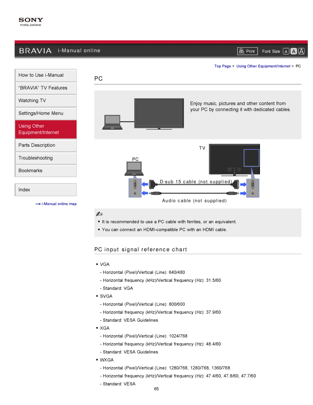 Sony KDL-40EX525, KDL-32EX425, KDL-46EX525, KDL-32EX525 manual PC input signal reference chart, Sub 15 cable not supplied 