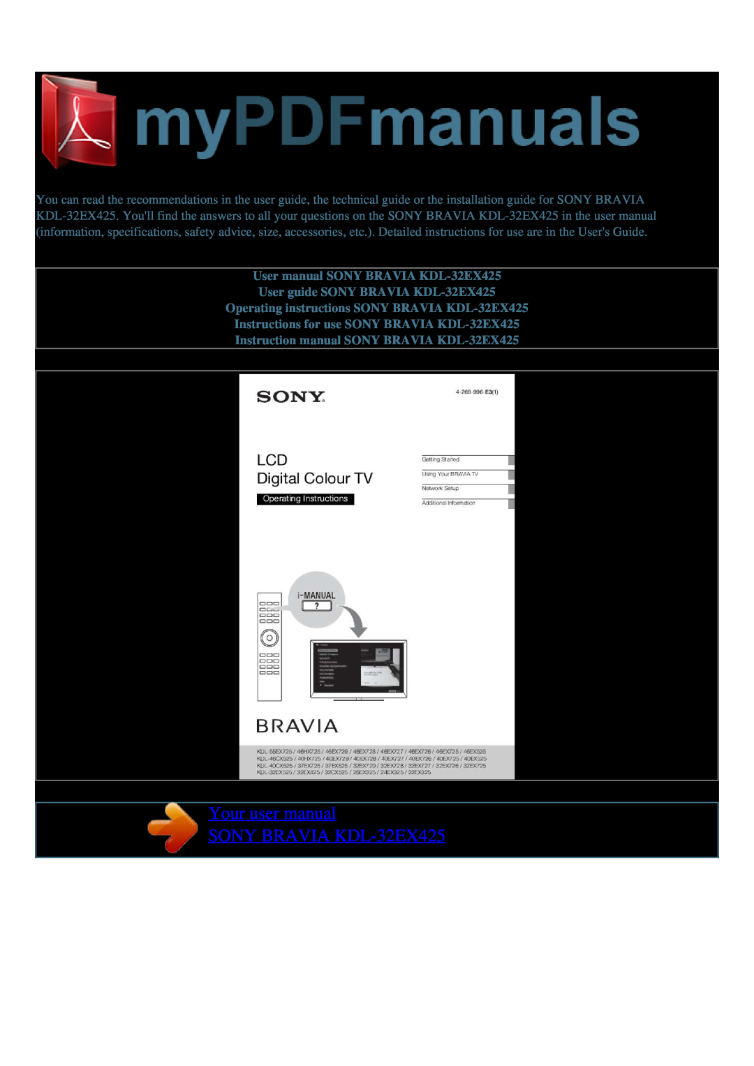 Sony user manual Your user manual SONY BRAVIA KDL-32EX425 