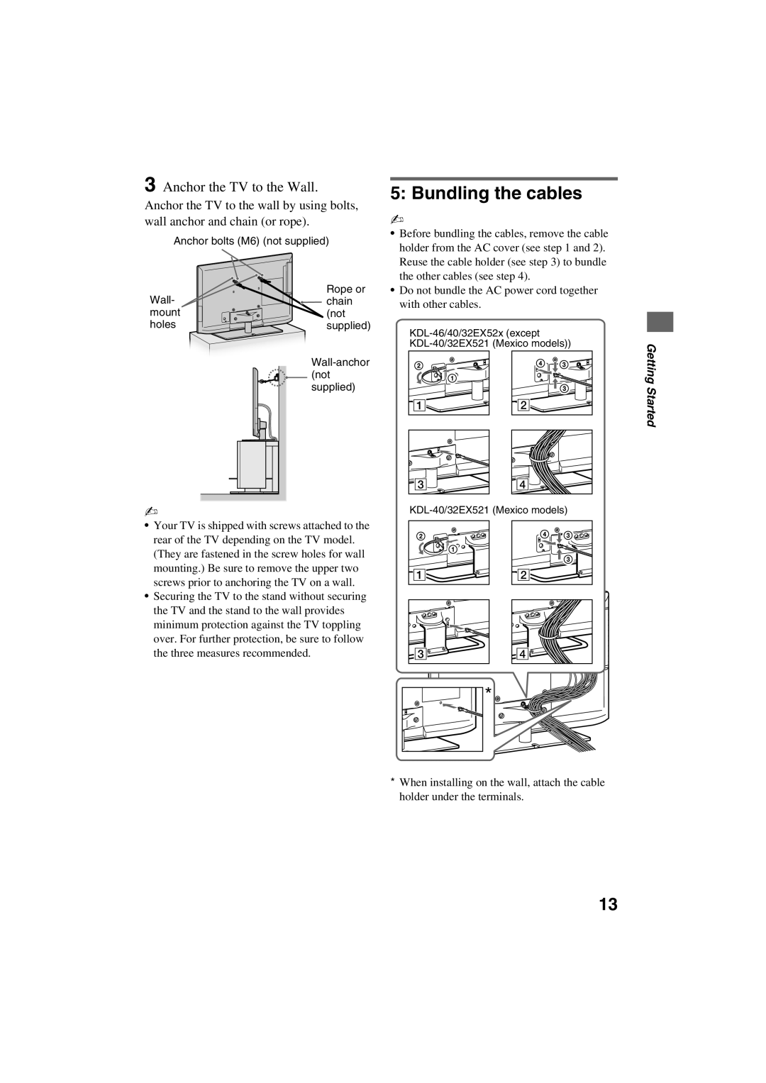 Sony KDL-46EX523, KDL-32EX520, KDL-40EX520, KDL-40EX523, KDL-40EX521 setup guide Bundling the cables, Anchor the TV to the Wall 