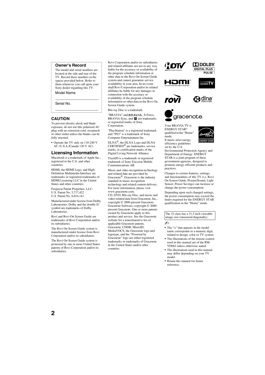 Sony KDL-40EX523, KDL-32EX520, KDL-40EX520, KDL-40EX521, KDL-46EX523, KDL-46EX521 Licensing Information, Owner’s Record 