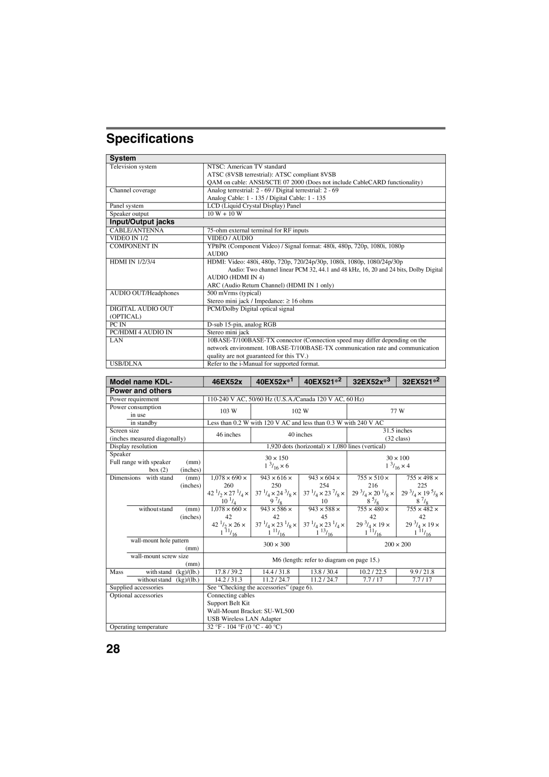 Sony KDL-40EX520, KDL-32EX520, KDL-40EX523, KDL-40EX521, KDL-46EX523, KDL-46EX521, KDL-46EX520 setup guide Specifications, System 