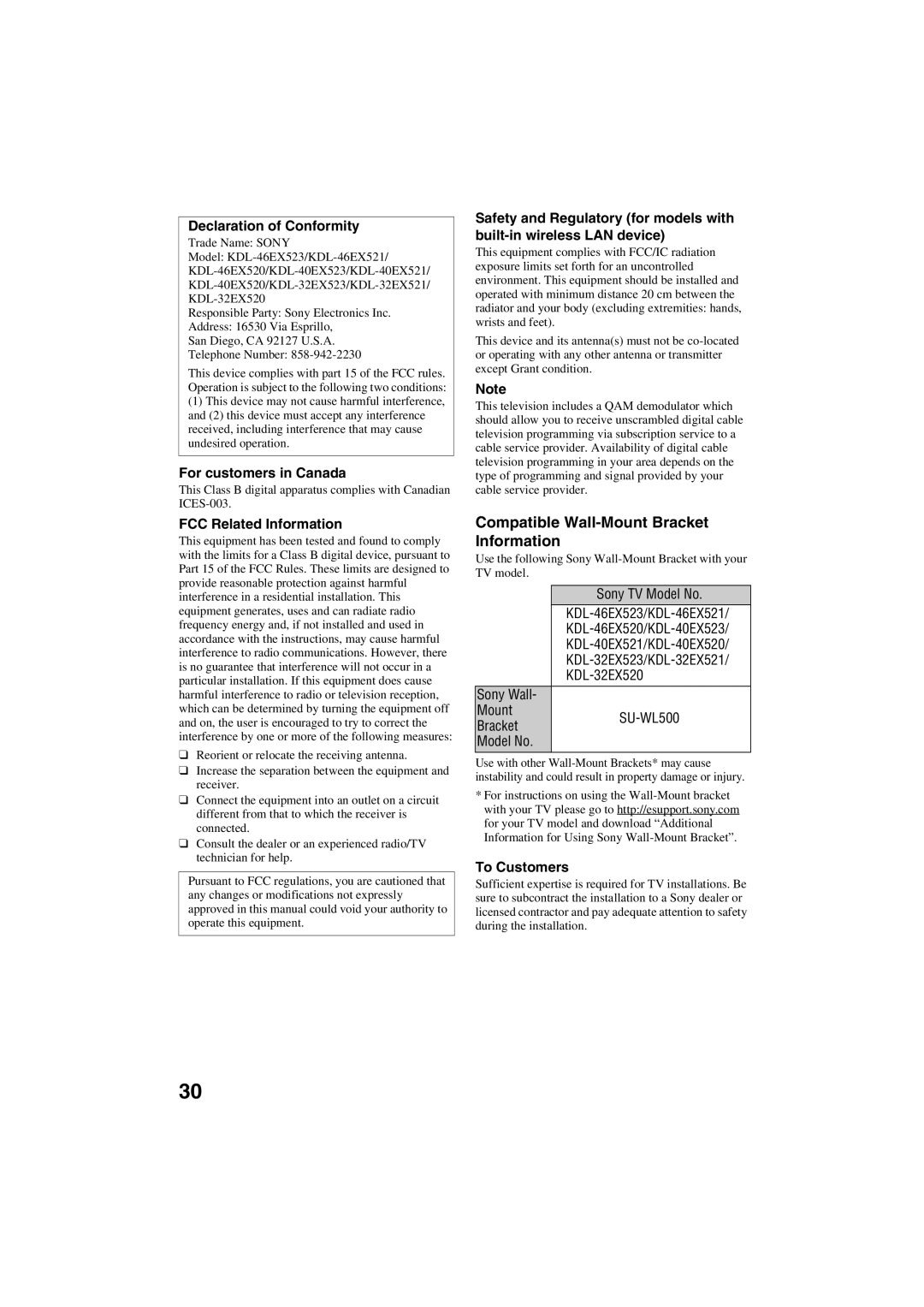 Sony KDL-40EX521, KDL-32EX520, KDL-40EX520, KDL-40EX523 Compatible Wall-Mount Bracket Information, Declaration of Conformity 