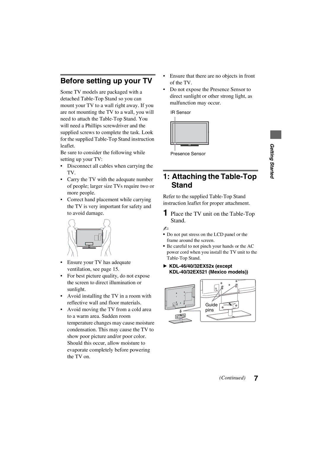 Sony KDL-32EX521, KDL-32EX520, KDL-40EX520, KDL-40EX523, KDL-40EX521 Before setting up your TV, Attaching the Table-Top Stand 