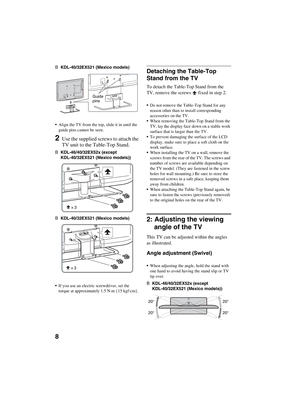 Sony KDL-32EX523, KDL-32EX520, KDL-40EX520, KDL-40EX523 Detaching the Table-Top Stand from the TV, Angle adjustment Swivel 