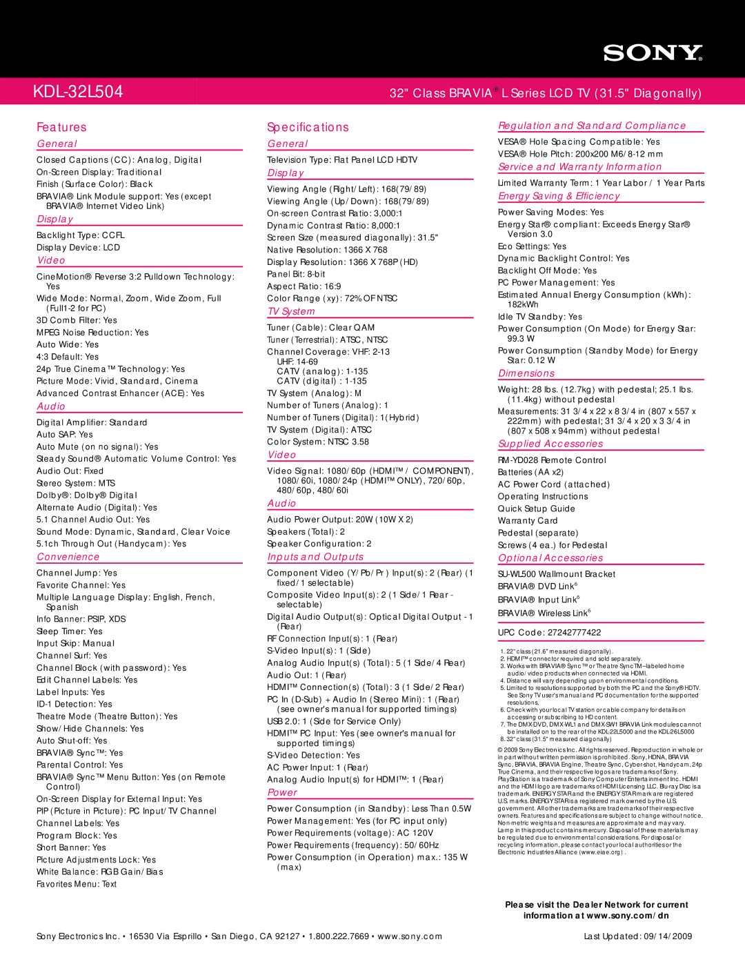 Sony KDL-32L504 manual Features, Specifications 