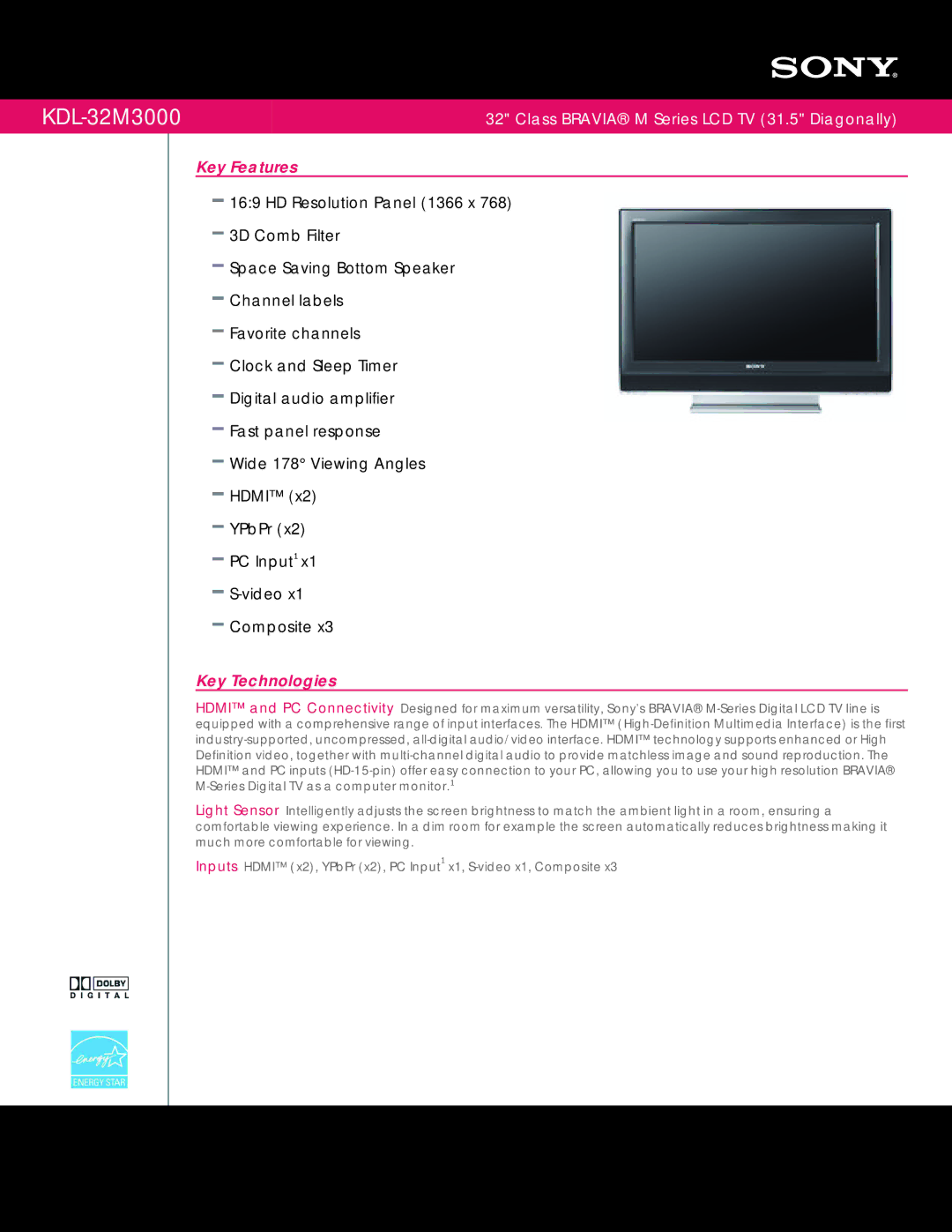 Sony KDL-32M3000 manual Key Features, Key Technologies 