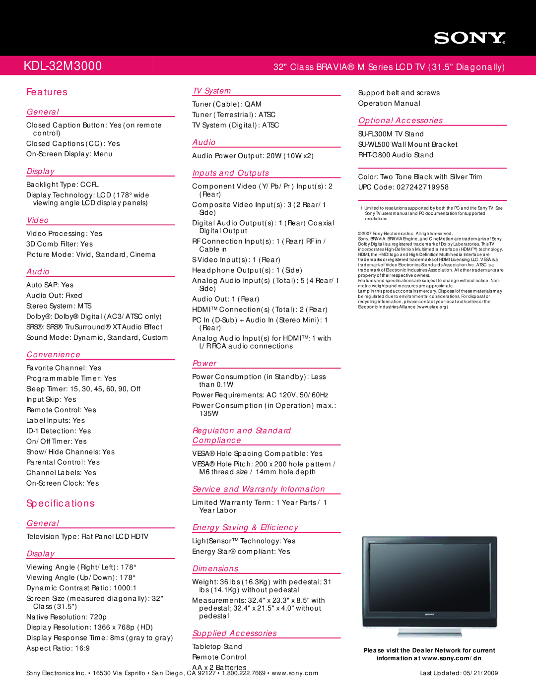 Sony KDL-32M3000 manual Features, Specifications 