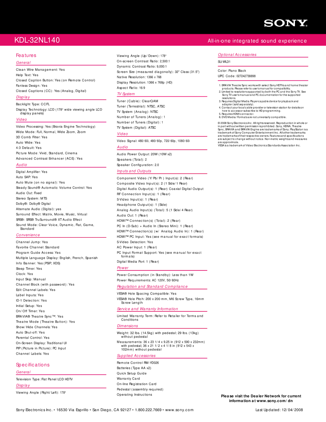 Sony KDL-32NL140 manual Features, Specifications 