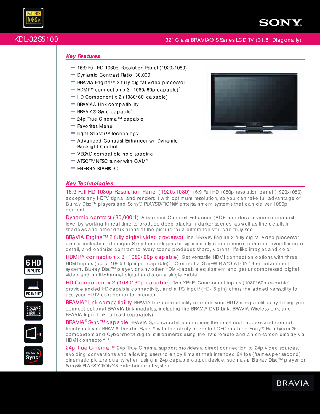 Sony KDL-32S5100 manual Key Features, Key Technologies 