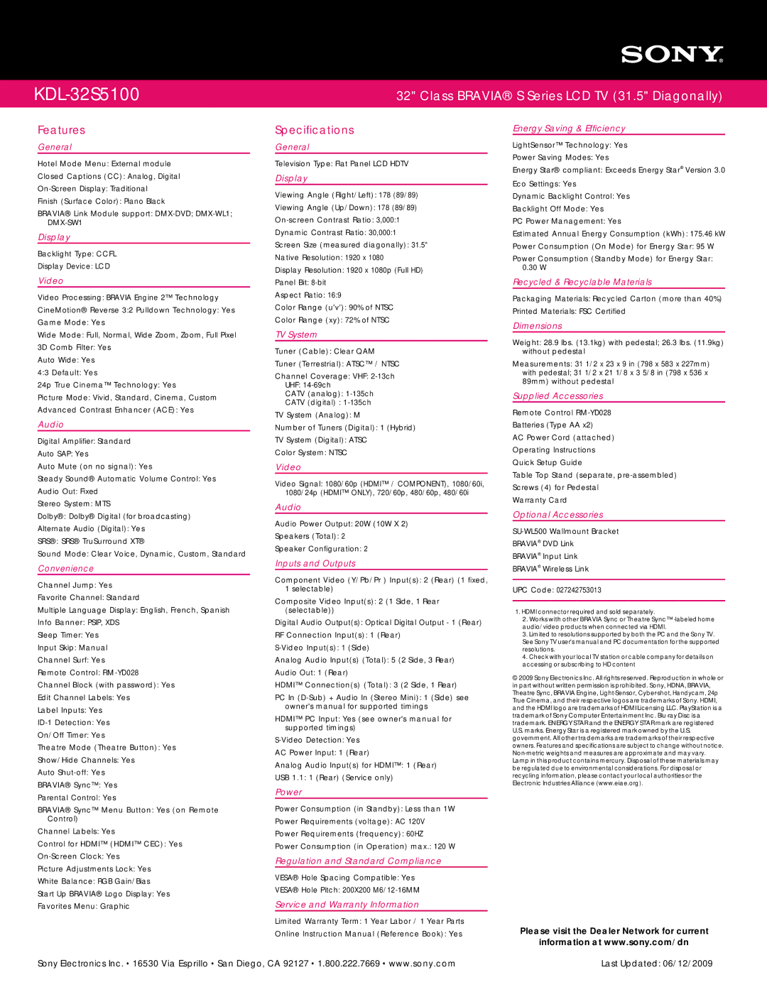 Sony KDL-32S5100 manual Features, Specifications 