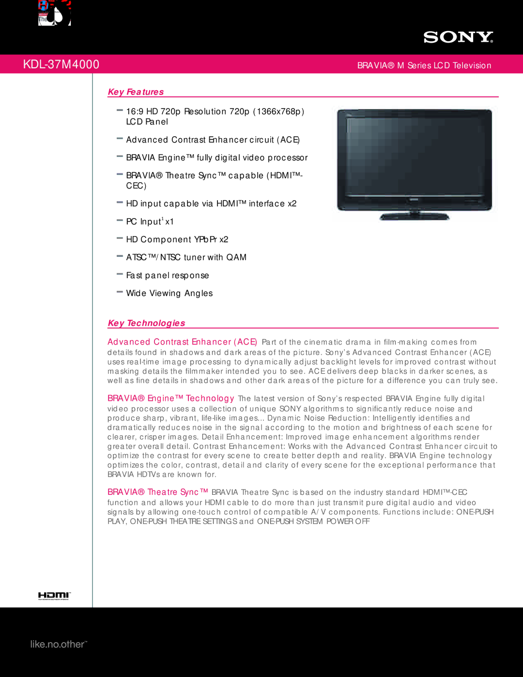 Sony KDL-37M4000 manual Key Features, Key Technologies 