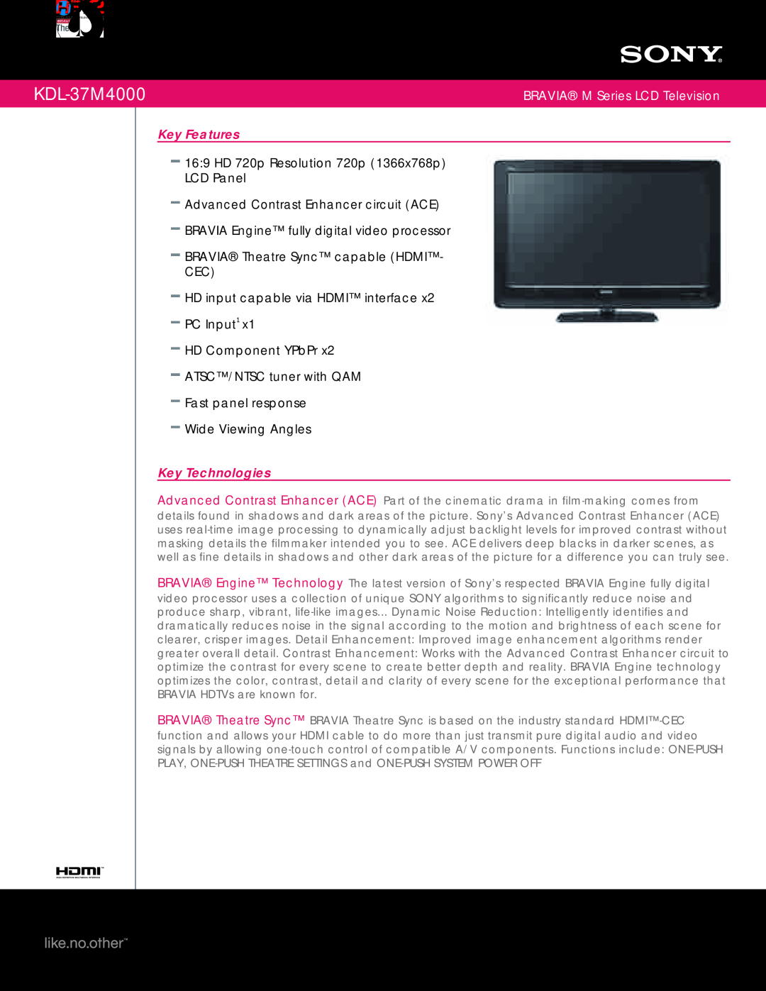 Sony KDL-37M4000 manual BRAVIA M Series LCD Television, Key Features, 169 HD 720p Resolution 720p 1366x768p LCD Panel 