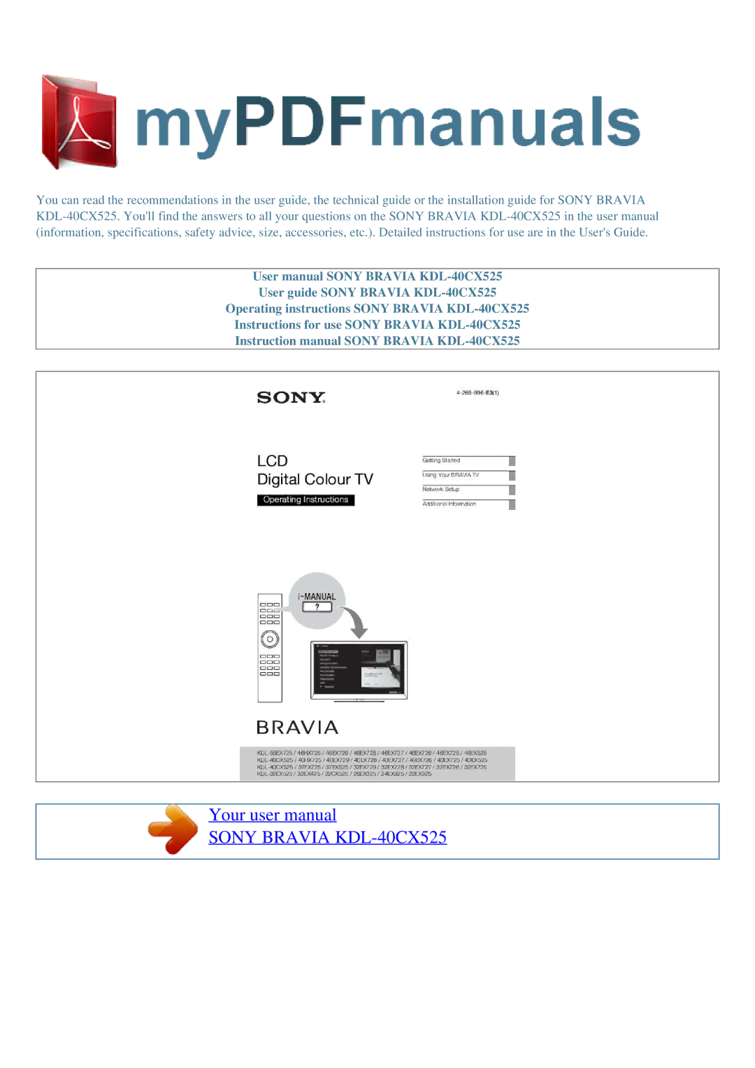 Sony user manual Sony Bravia KDL-40CX525 