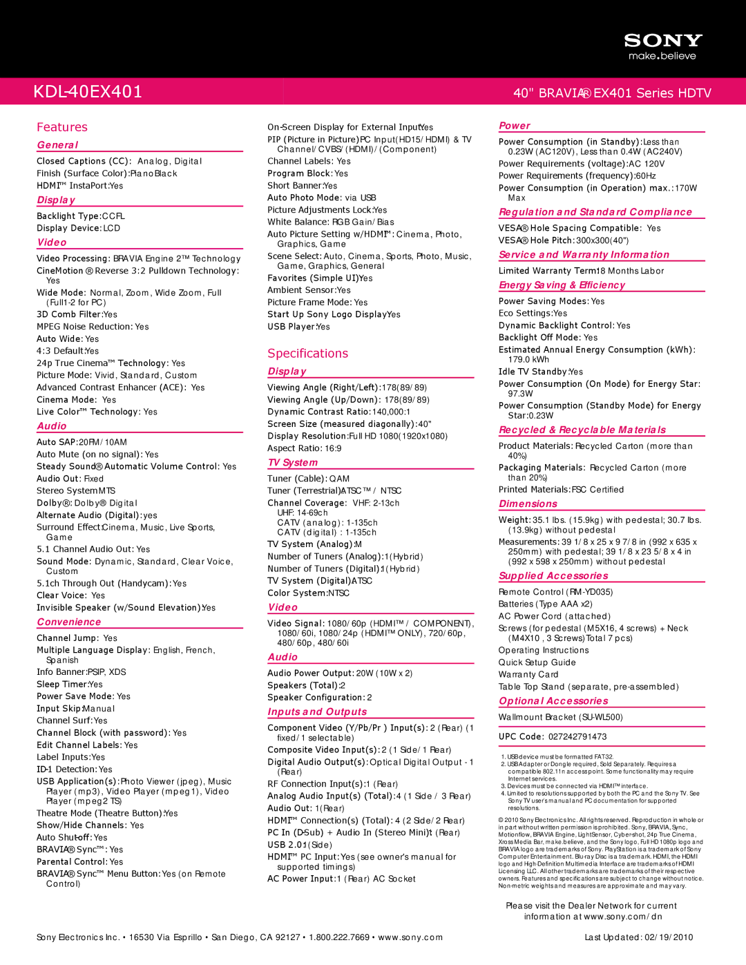 Sony KDL-40EX401 manual Features, Specifications 