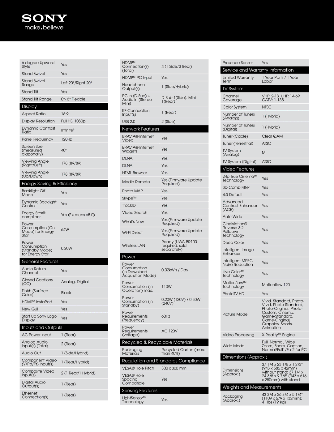 Sony KDL-40EX620 manual Display, Energy Saving & Efficiency, General Features, Inputs and Outputs, Network Features, Power 