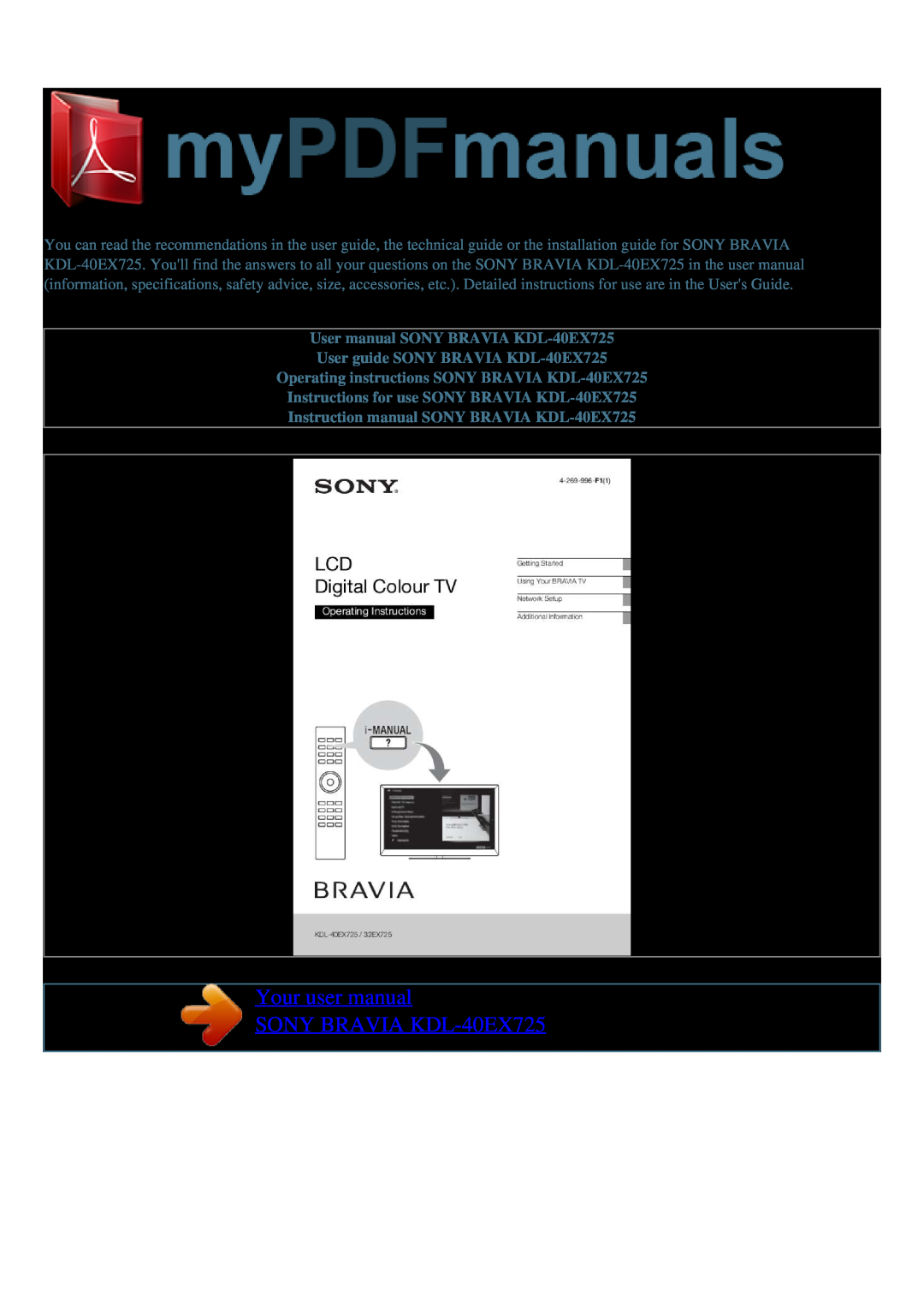 Sony user manual Your user manual SONY BRAVIA KDL-40EX725 