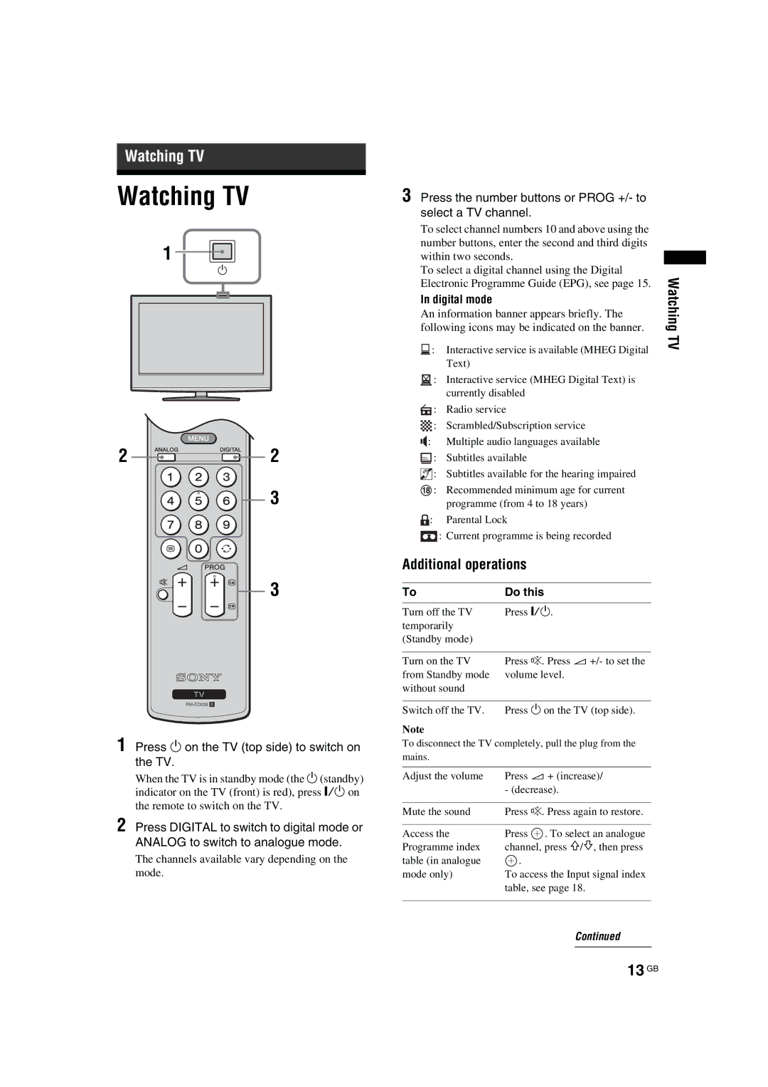 Sony KDL-32S2530, KDL-40S2510, KDL-46S2510, KDL-46S2530 Watching TV, 13 GB, Additional operations, Digital mode, Do this 