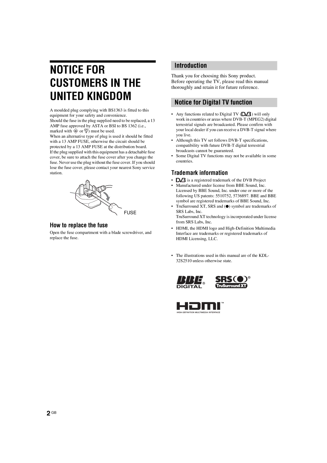 Sony KDL-46S2530, KDL-40S2510, KDL-46S2510, KDL-40S2530 manual Introduction, How to replace the fuse, Trademark information 