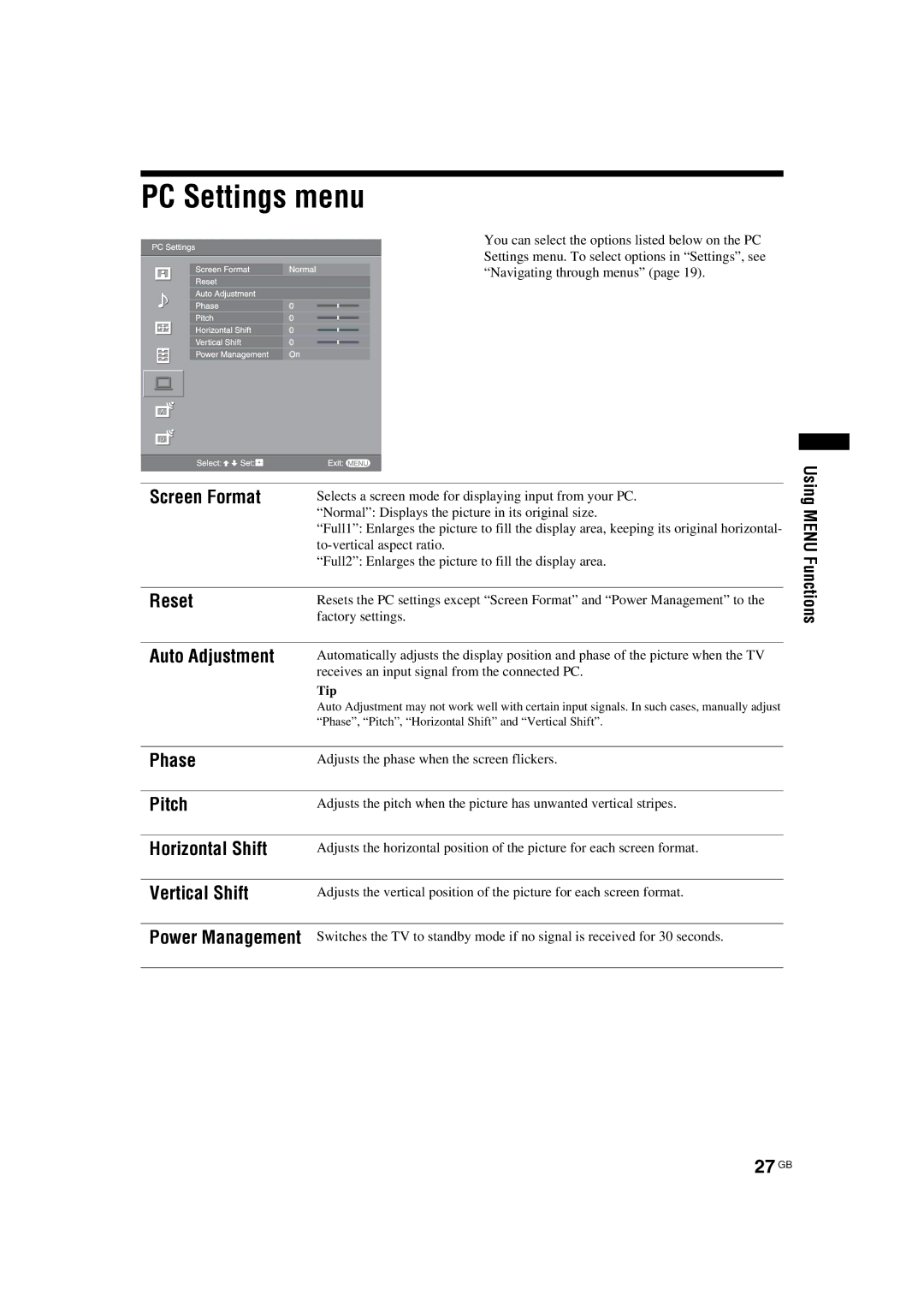 Sony KDL-32S2530, KDL-40S2510, KDL-46S2510, KDL-46S2530, KDL-40S2530 PC Settings menu, Auto Adjustment, Phase, Pitch, 27 GB 