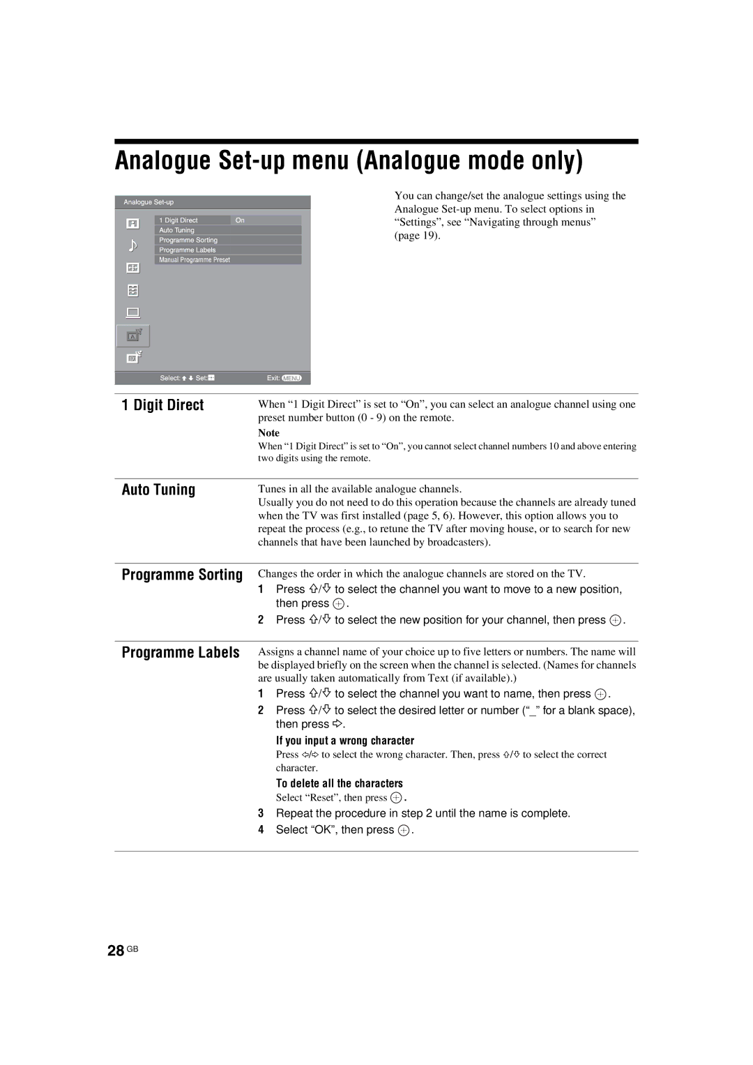 Sony KDL-40S2510, KDL-46S2510 Analogue Set-up menu Analogue mode only, Digit Direct, Auto Tuning, 28 GB, Programme Labels 