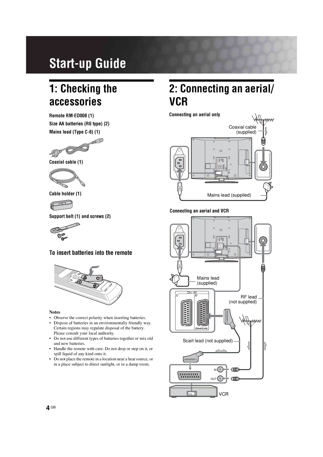 Sony KDL-32S2520, KDL-40S2510, KDL-46S2510, KDL-46S2530 manual Connecting an aerial, To insert batteries into the remote 