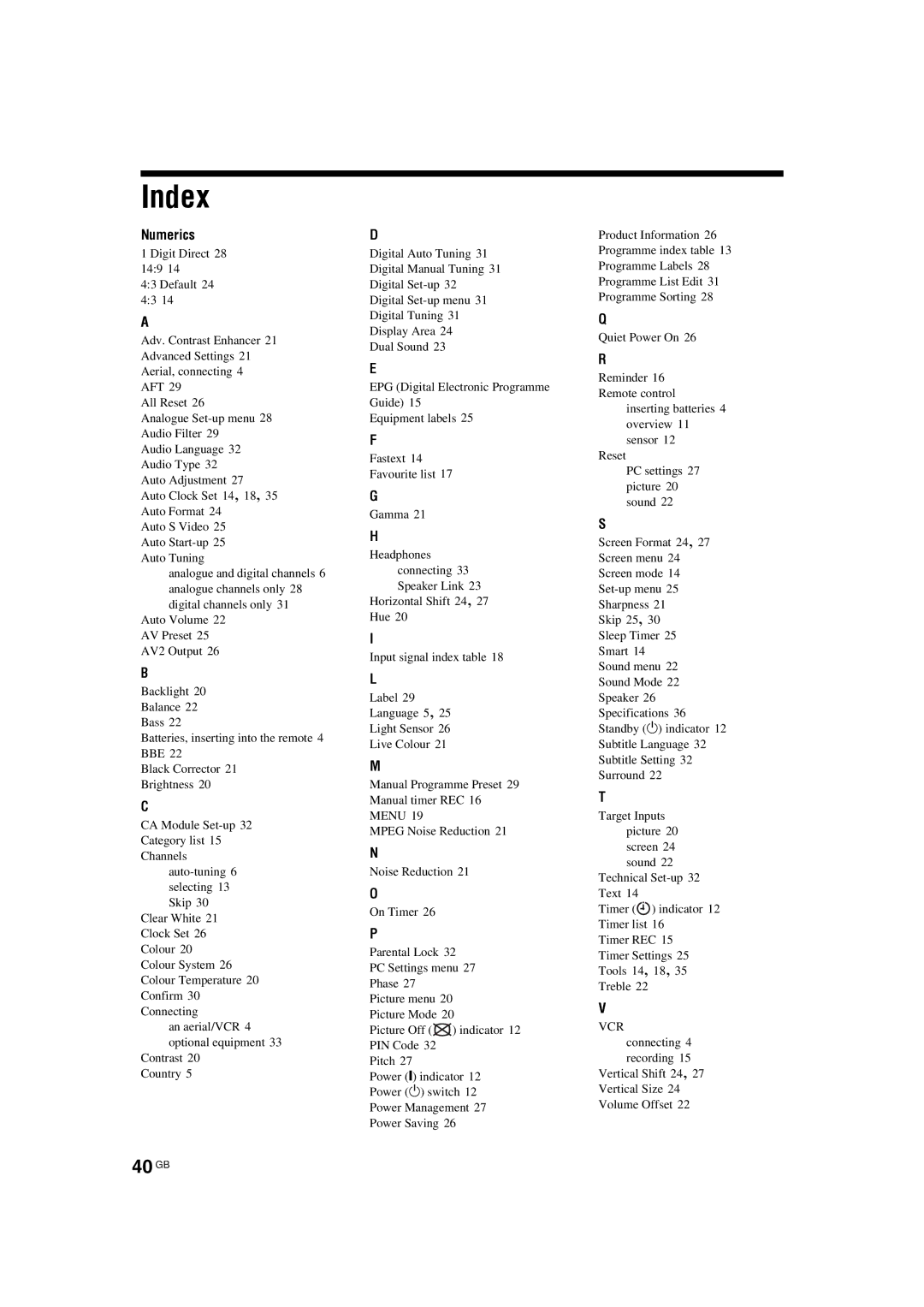 Sony KDL-32S2510, KDL-40S2510, KDL-46S2510, KDL-46S2530, KDL-40S2530, KDL-32S2520, KDL-32S2530 manual Index, 40 GB, Numerics 