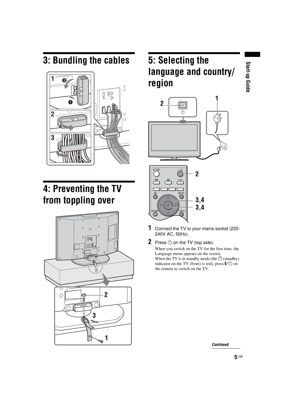 Sony KDL-32S2510, KDL-40S2510, KDL-46S2510, KDL-46S2530 manual Region Preventing the TV From toppling over, Start-up Guide 